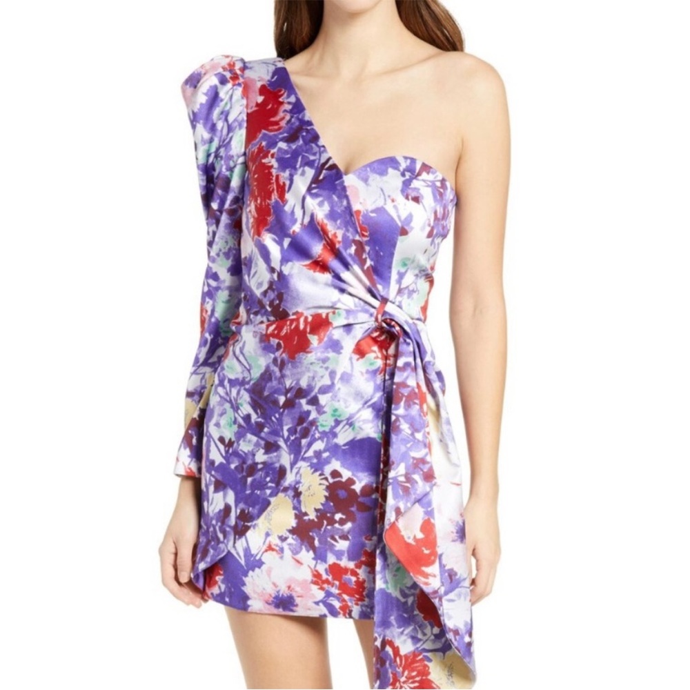 Lavish Alice- one sleeve asymmetrical floral maximalism mini dress- size 10